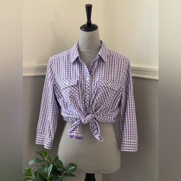 🔵5 For $15🔵 Croft & Barrow Purple & White Gingham Button Down Blouse - Picture 1 of 10